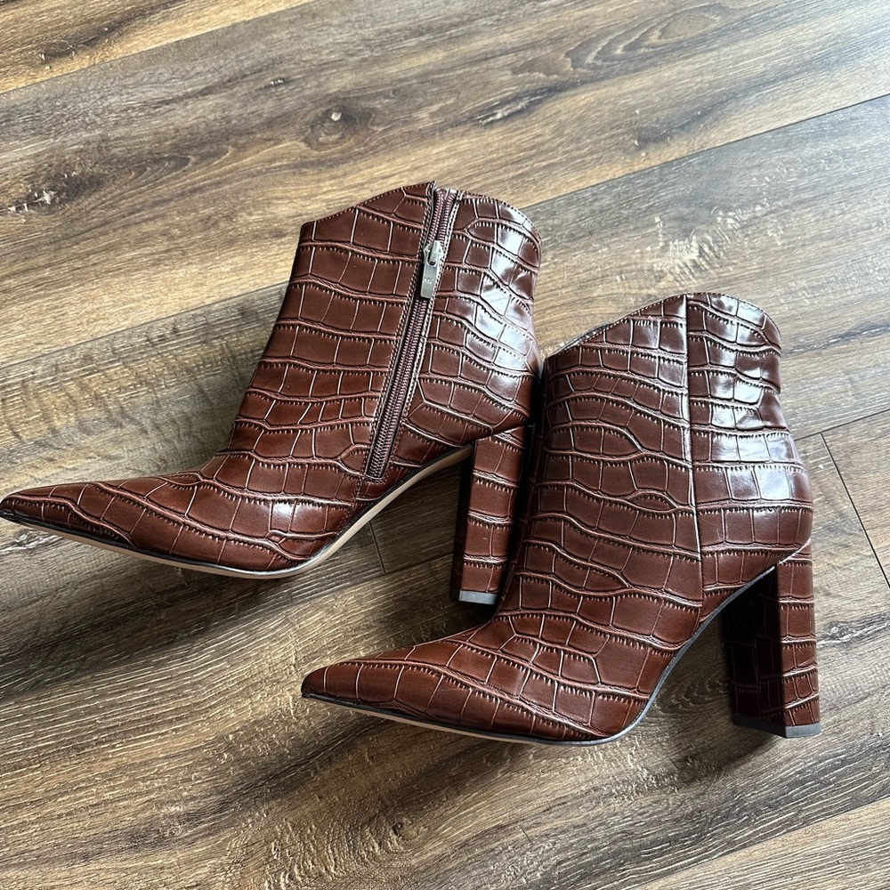 Marc Fisher Brown Croc-Embossed Ankle Boots